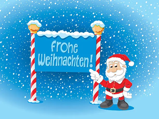 Vector illustration of Santa Claus Pointing Frohe Weihnachten Sign Snow