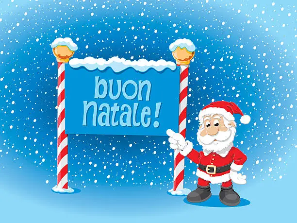 Vector illustration of Santa Claus Pointing Buon Natale Sign Snow