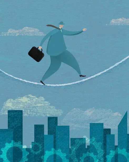 Vector illustration of Stylized businessman walking a tightrope