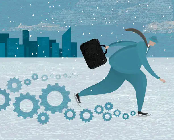 Vector illustration of Stylized businessman on ice skates with gears