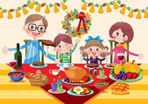 幸せな家族の感謝祭ディナー - parent thanksgiving eating food点のイラスト素材／クリップアート素材／マンガ素材／アイコン素材