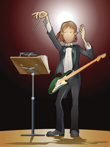 Inspired conductor leading a symphonic rock concert