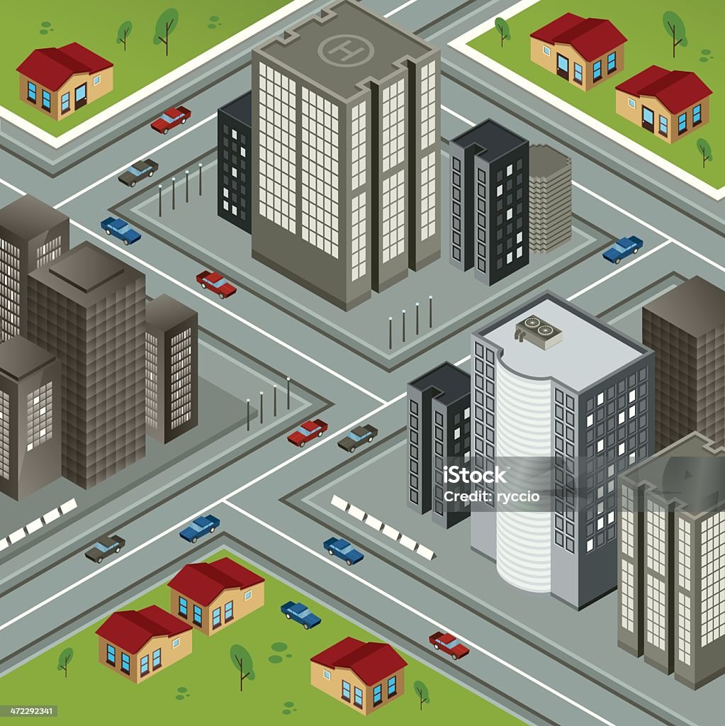 Isometric city-kompleks, house i drapacze chmur - Grafika wektorowa royalty-free (Ilustracja)