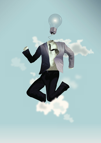EPS 10 Vector illustration about a high flying businessman into sky who find good ideas for solution of business problems. Used transparencies, opacityes and simple gradients. Easy to edit. RGB color mode. (include AI-CS3, EPS10, JPEG 1979x2800px)