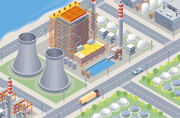 illustrazioni stock, clip art, cartoni animati e icone di tendenza di centrale nucleare isometrica, - coal fired power station