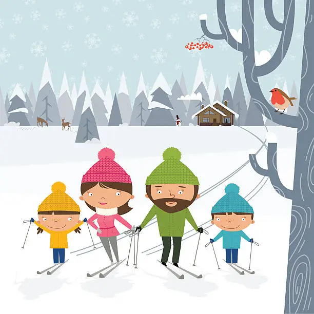 Vector illustration of Happy family cross-country skiing