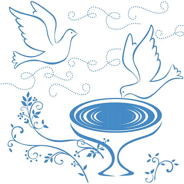 Vector illustration of two doves and fountain