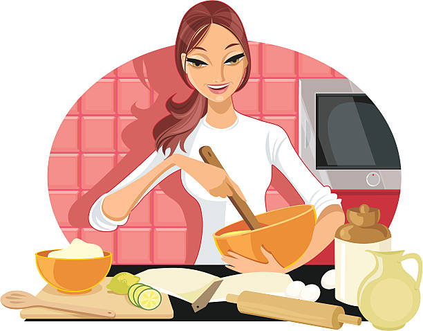 glücklich baker - stereotypical housewife women domestic kitchen brown hair stock-grafiken, -clipart, -cartoons und -symbole