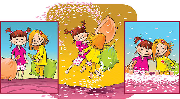 kleine freundinnen kissenschlacht - jumping little girls child teenage girls stock-grafiken, -clipart, -cartoons und -symbole