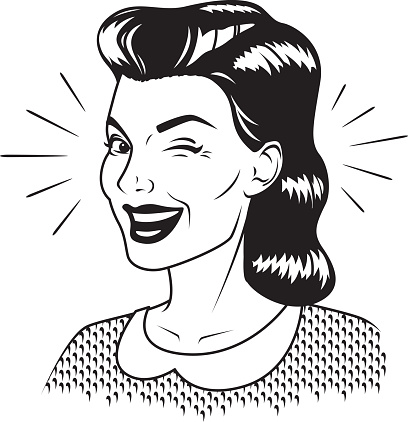 An vintage styled woman giving a sly wink to the viewer. File created from black lines and shapes on a transparent background, so it's easy to drop into your designs (no limiting white background behind the shapes).