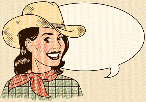 An vintage styled cowgirl with a speech bubble.