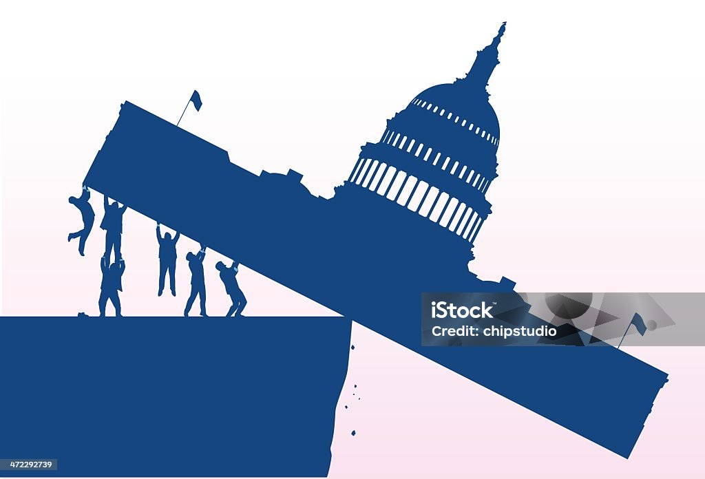 Congress Tipping Politicians holding the USA Capitol teetering on the edge of danger. Files included – jpg, ai (version 8 and CS3), and eps (version 8) Washington DC stock vector