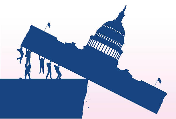 Congress Tipping Politicians holding the USA Capitol teetering on the edge of danger. Files included – jpg, ai (version 8 and CS3), and eps (version 8) collapsing stock illustrations