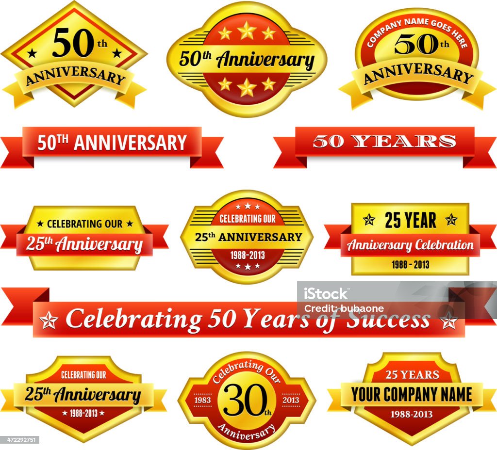 Jahrestag-Abzeichen-Set, Rot und Gold - Lizenzfrei 50. Jahrestag Vektorgrafik