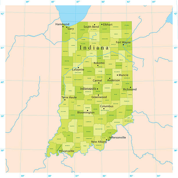 Indiana Vector Map Highly detailed vector map of Indiana, United States. File was created on January 16, 2013. The colors in the .eps-file are ready for print (CMYK). Included files: EPS (v8) and Hi-Res JPG (5600 × 5600 px). evansville indiana stock illustrations