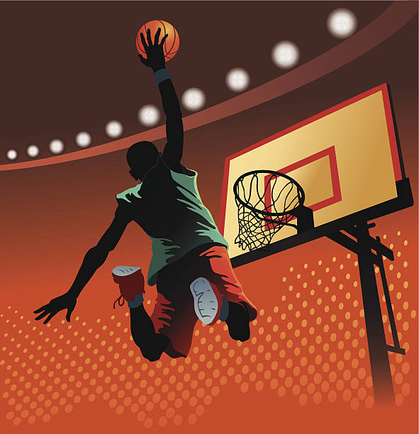 Slam Dunk at Basketball Basketball player jumping high about to slam the ball through the basketball hoop. basketball ball illustrations stock illustrations