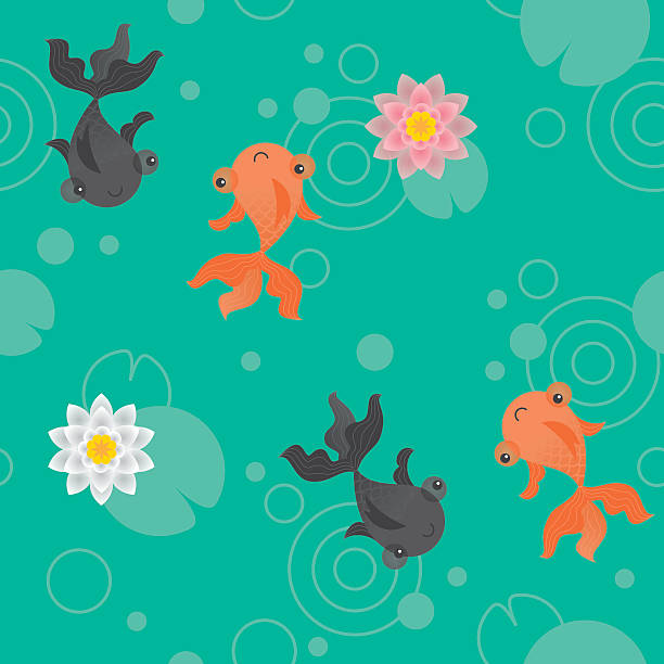 Cute kawaii goldfish pond pattern green Group of happy goldfish in a green pond fish swimming from above stock illustrations
