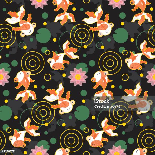 Carino Motivo Stagno Di Kawaii Pesce Rosso Nero - Immagini vettoriali stock e altre immagini di Fiore di loto - Fiore di loto, Foglia, Veduta dall'alto