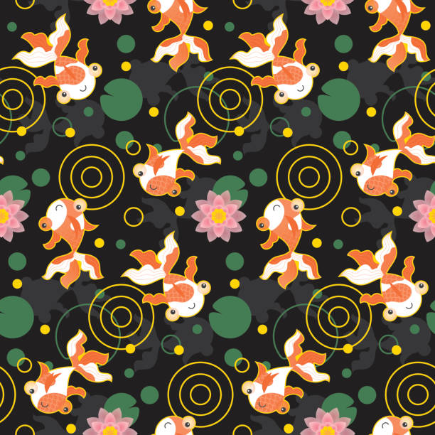 ilustrações de stock, clip art, desenhos animados e ícones de fofo kawaii peixe dourado pond padrão preto - flower single flower zen like lotus