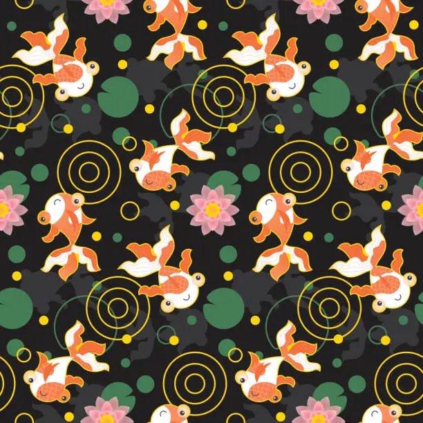 Vector illustration of Cute kawaii goldfish pond pattern black