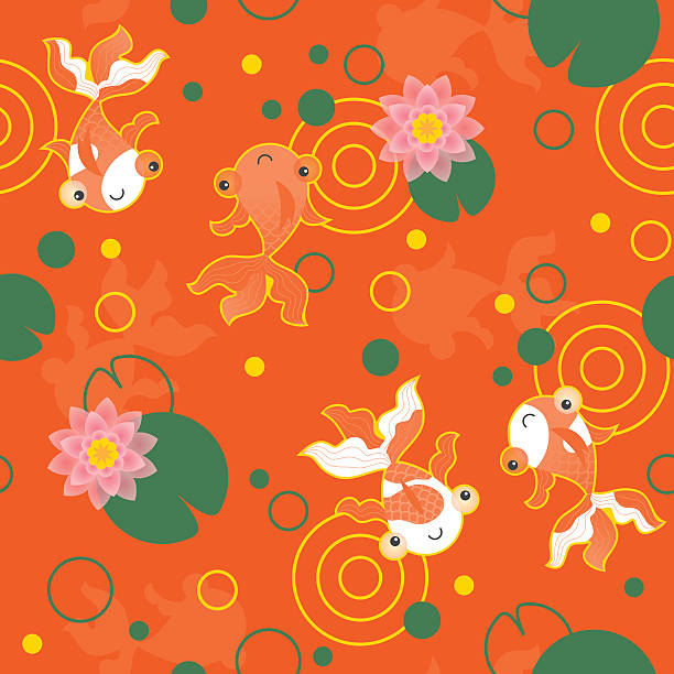 Cute kawaii goldfish pond pattern red Group of happy goldfish in a pond fish swimming from above stock illustrations