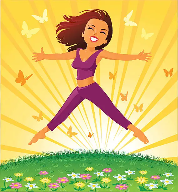 Vector illustration of Young Happy Woman Jumping - Day Dreaming