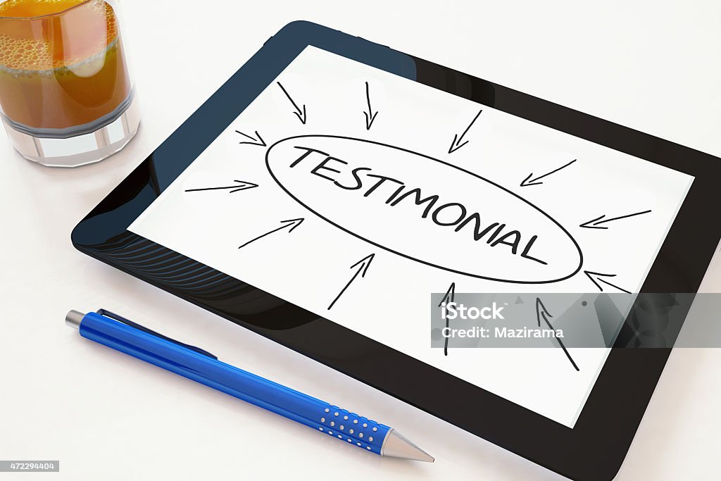 Testimonial Testimonial - text concept on a mobile tablet computer on a desk - 3d render illustration. 2015 Stock Photo