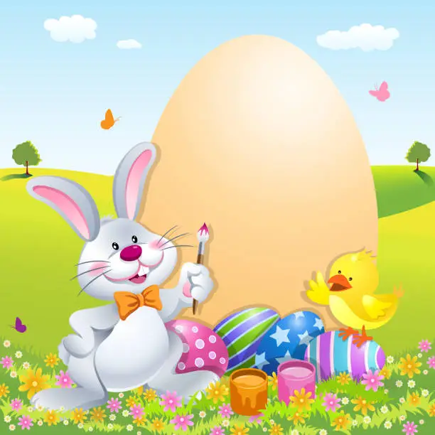 Vector illustration of Easter Bunny and Chick Painting Egg