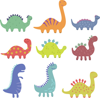 A collection of 9 dinosaurs in a child-like style.