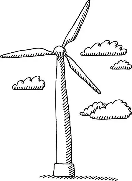 Vector illustration of Wind Turbine Clouds Drawing