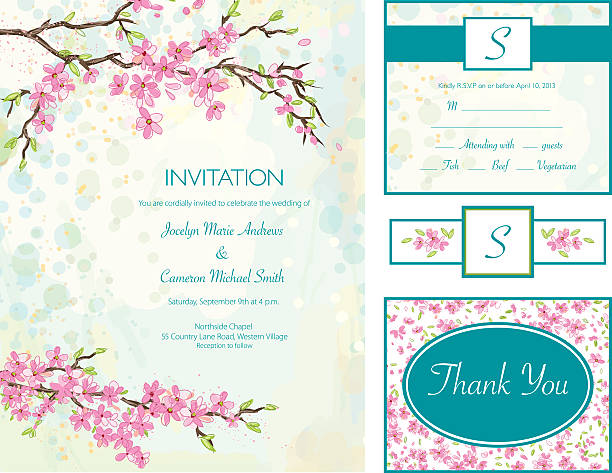 벚꽃 청첩장 설정 - wedding invitation invitation formalwear flower stock illustrations