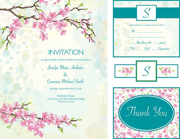 Vector illustration of Cherry Blossom Wedding Invitation Set