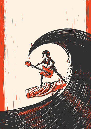 poster design featuring a woman surfing on a tiki statue and playing an electric guitar
