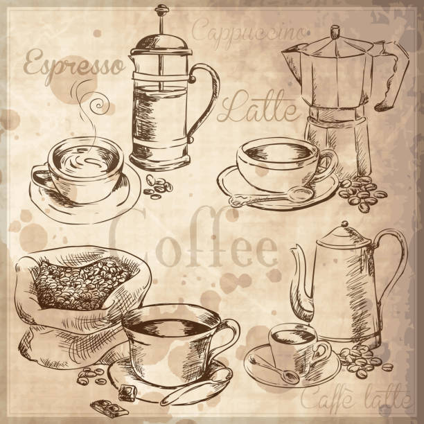 커피 세트 - burlap sack illustrations stock illustrations