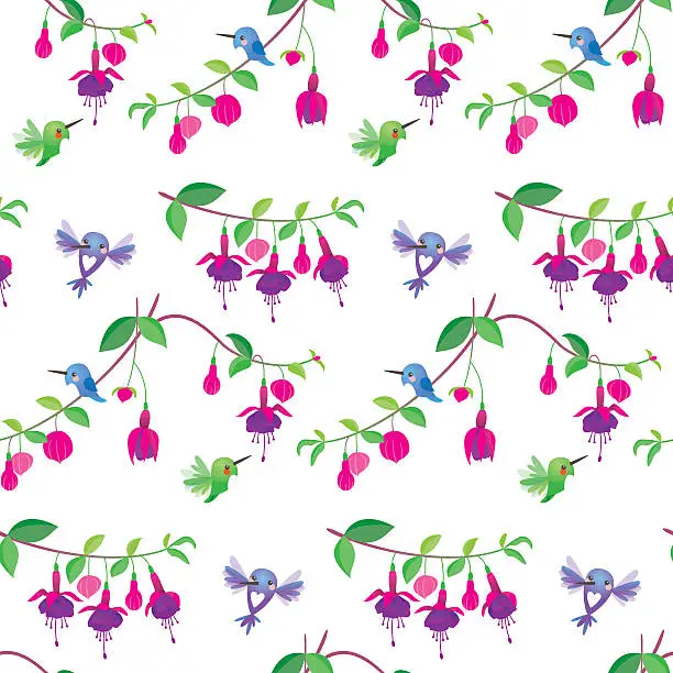 Vector illustration of Cute kawaii hummingbird fuchsia pattern