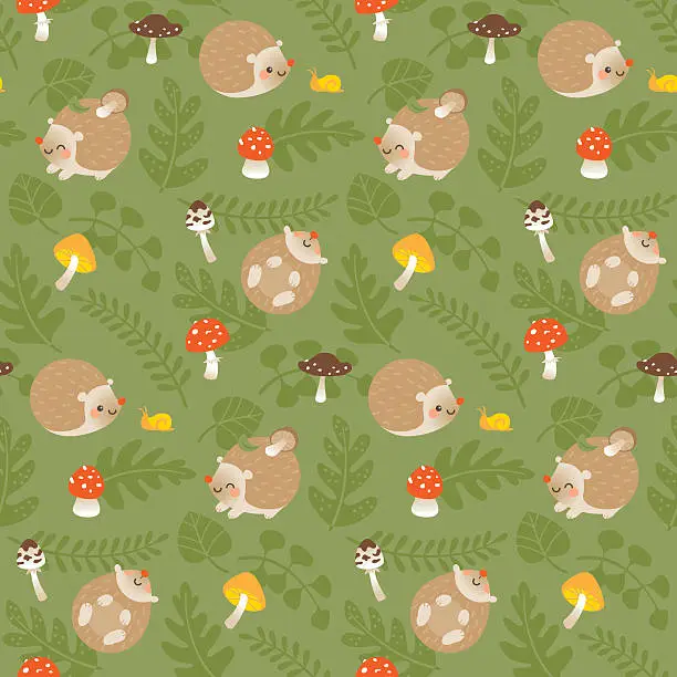 Vector illustration of Cute kawaii hedgehog pattern green