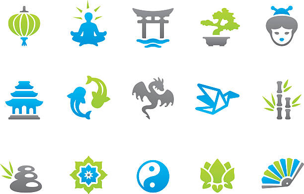 ilustraciones, imágenes clip art, dibujos animados e iconos de stock de stampico iconos-asia - religion symbol buddhism fish