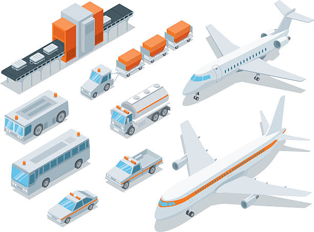 ilustrações de stock, clip art, desenhos animados e ícones de minibarra de ferramentas, transporte do aeroporto - vector isometric airplane bus