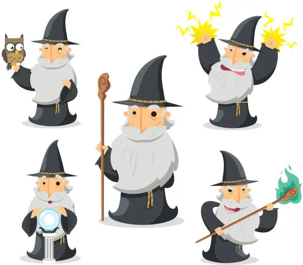 Vector illustration of Magic Witch Wizard in action With owl and crystal ball