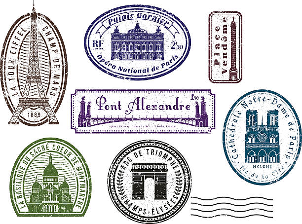 Paris travel rubber stamps Rubber stamps with famous landmarks and sights of Paris, France. pont alexandre iii stock illustrations
