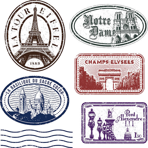 Paris rubber stamps Travel rubber stamps with famous landmarks and sights of Paris, France. pont alexandre iii stock illustrations