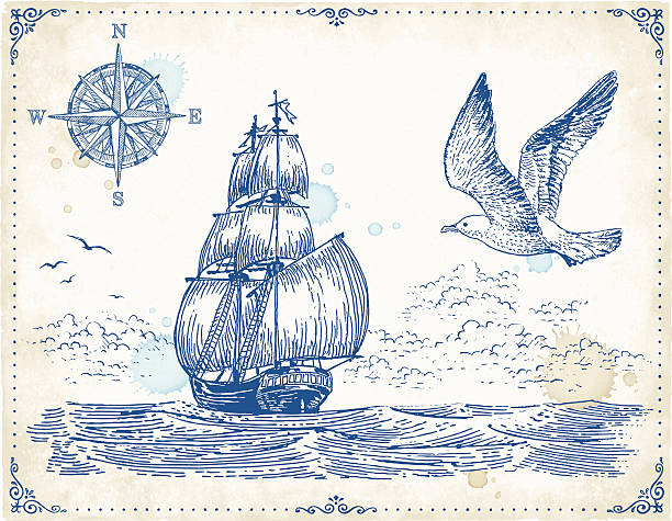 illustrazioni stock, clip art, cartoni animati e icone di tendenza di disegno vintage barca a vela - mare illustrazioni