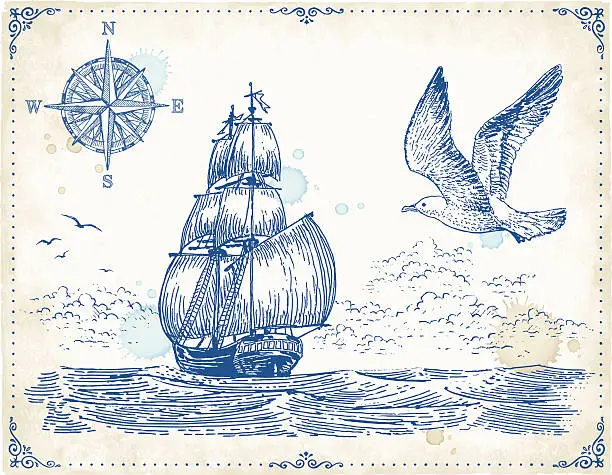 Vector illustration of Vintage Sailing Ship Drawing