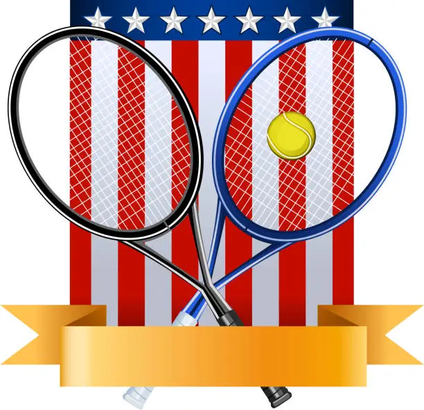 Vector illustration of American tennis emblem with rackets ball and EEUU flag