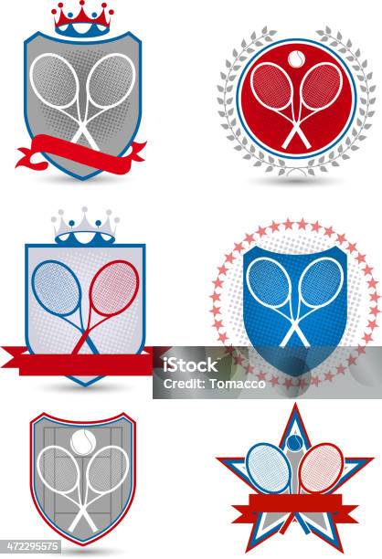 Emblema Del Tennis Americano Con Banner Corone Stelle Palle Racchetta 2 - Immagini vettoriali stock e altre immagini di A forma di stella