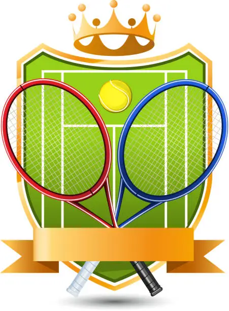 Vector illustration of Sport Tennis green Field with racket and ball crowned Emblem