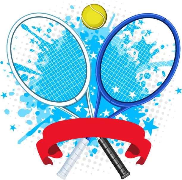 Vector illustration of Tennis racket splash with ball and red banner