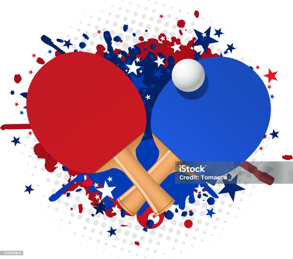 Ping pong vermelho e azul com estrelas raquete toque de bola - Vetor de Tênis de mesa royalty-free