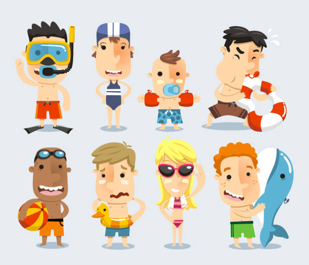 illustrations, cliparts, dessins animés et icônes de les enfants et les enfants de prêts pour la piscine, des dessins animés - swimming trunks shorts swimming shorts clothing