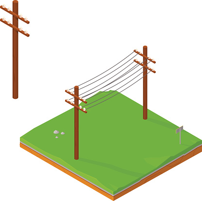 A vector illustration of power lines or telegraph poles on a strip of land.
